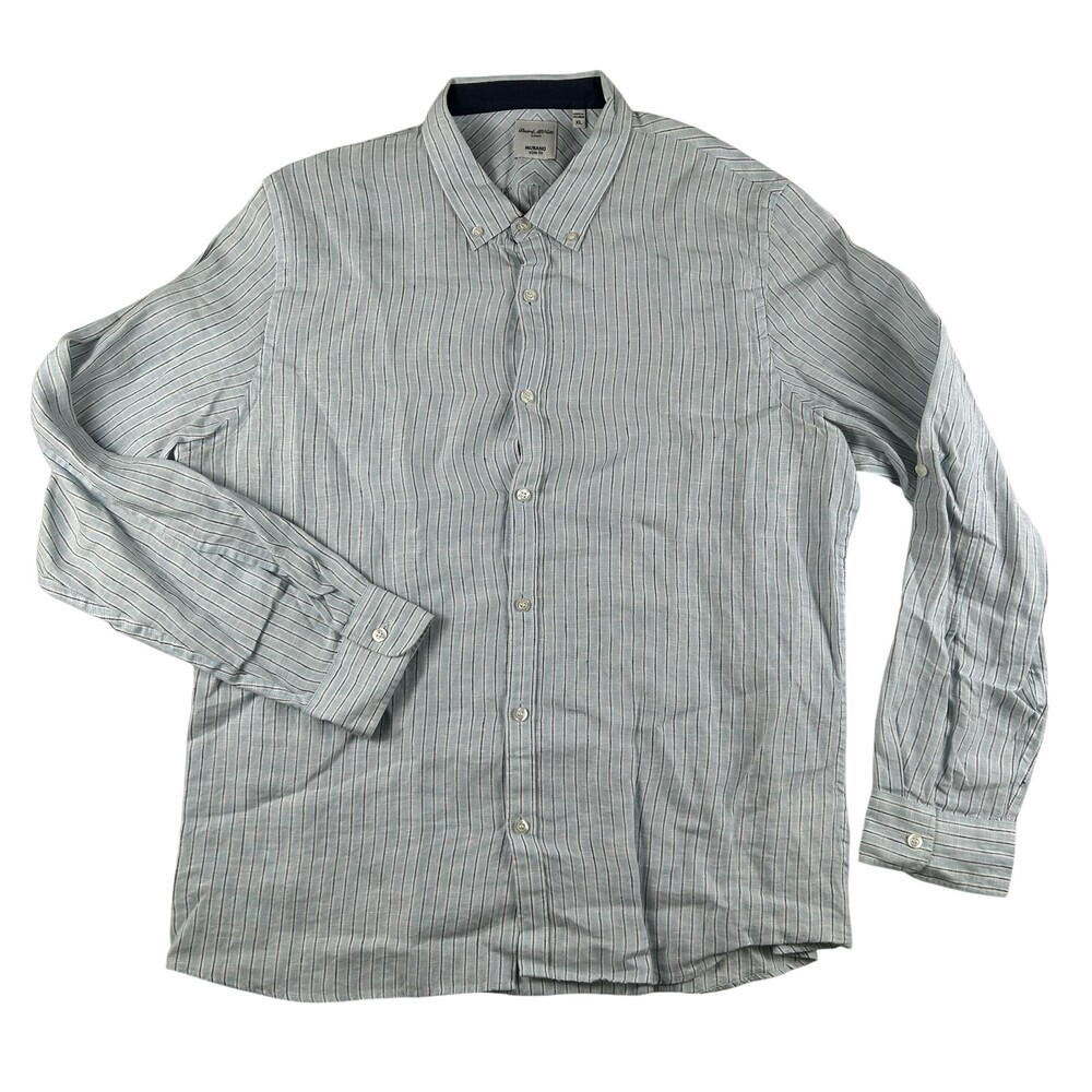 Murano Baird McNutt Linen Shirt Mens XL Blue Stripe Long Sleeve Button Up Casual